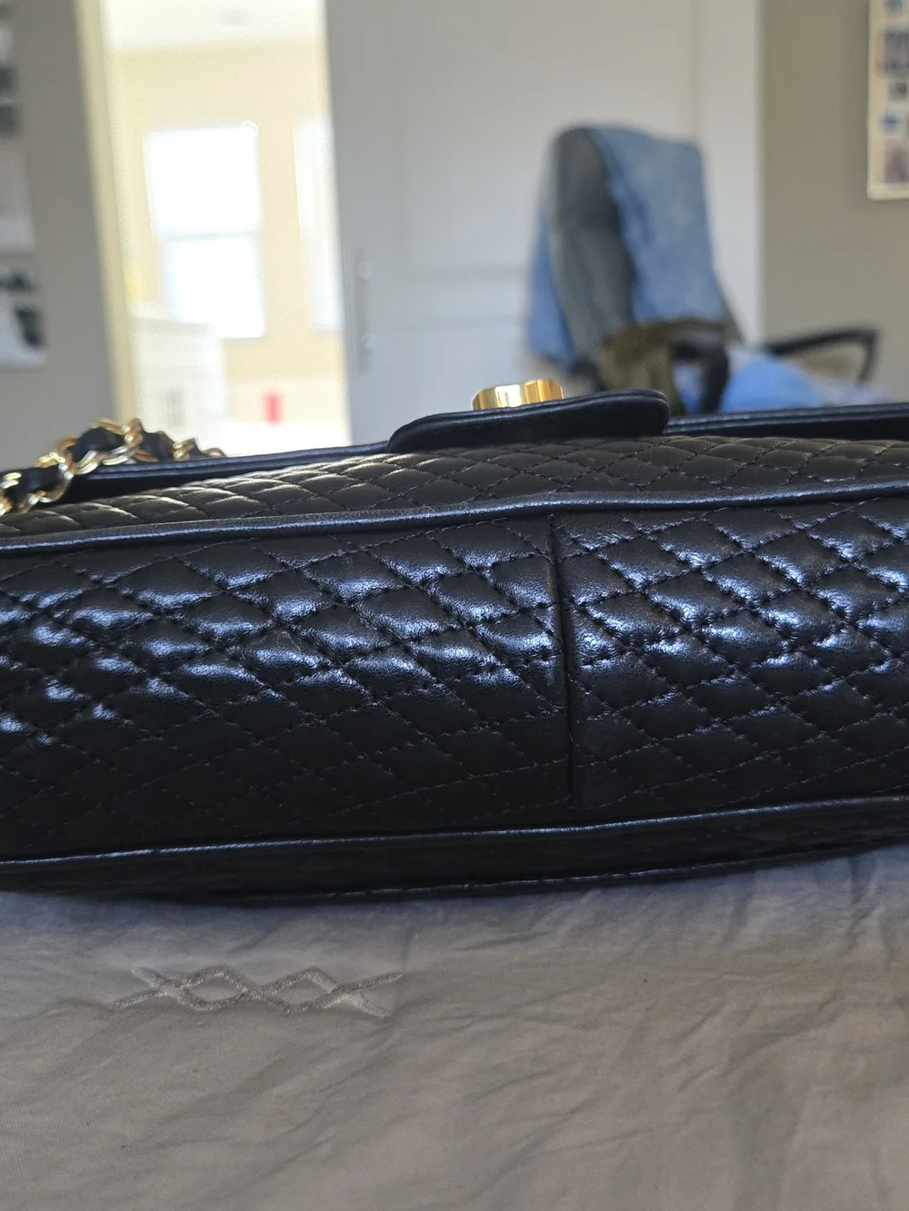 Quilted Vintage Bally Black Leather Chain Shoulder Bag with Gold Hardware